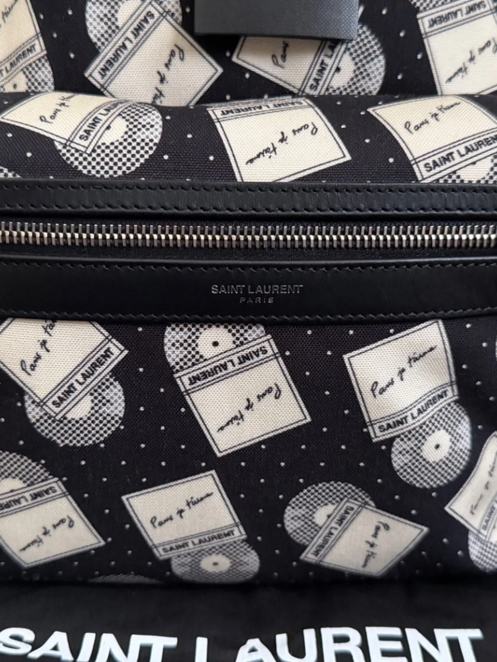 Saint Laurent YSL City Vinyl Record Black Leather Canvas Backpack Bag